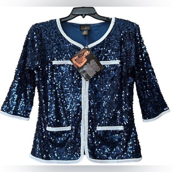 NWT Iman Global Chic Blue Sequins White Trim Jacket Blazer Cardigan Size M - Picture 2 of 13